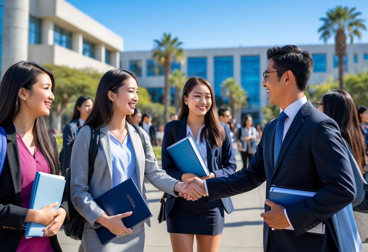 A group of graduate students and a faculty member celebrating together outside a university campus on a sunny day.