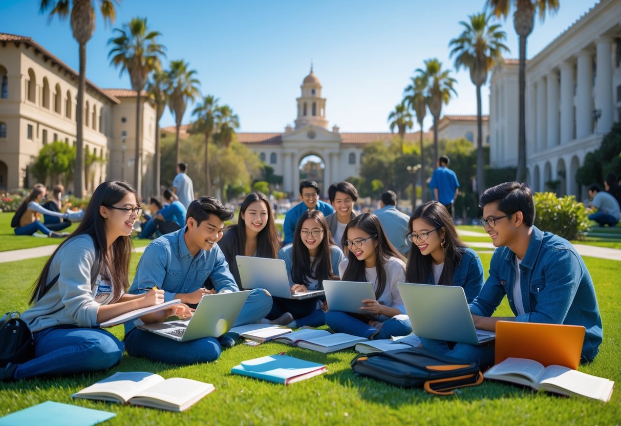 A group of diverse university students studying together outdoors on a sunny campus lawn with UCSB buildings and palm trees in the background.