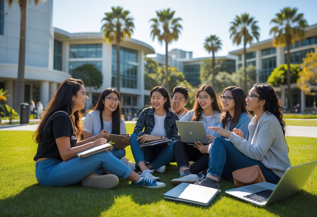 A group of diverse university students studying and talking together outside on a sunny university campus lawn with buildings and palm trees in the background.