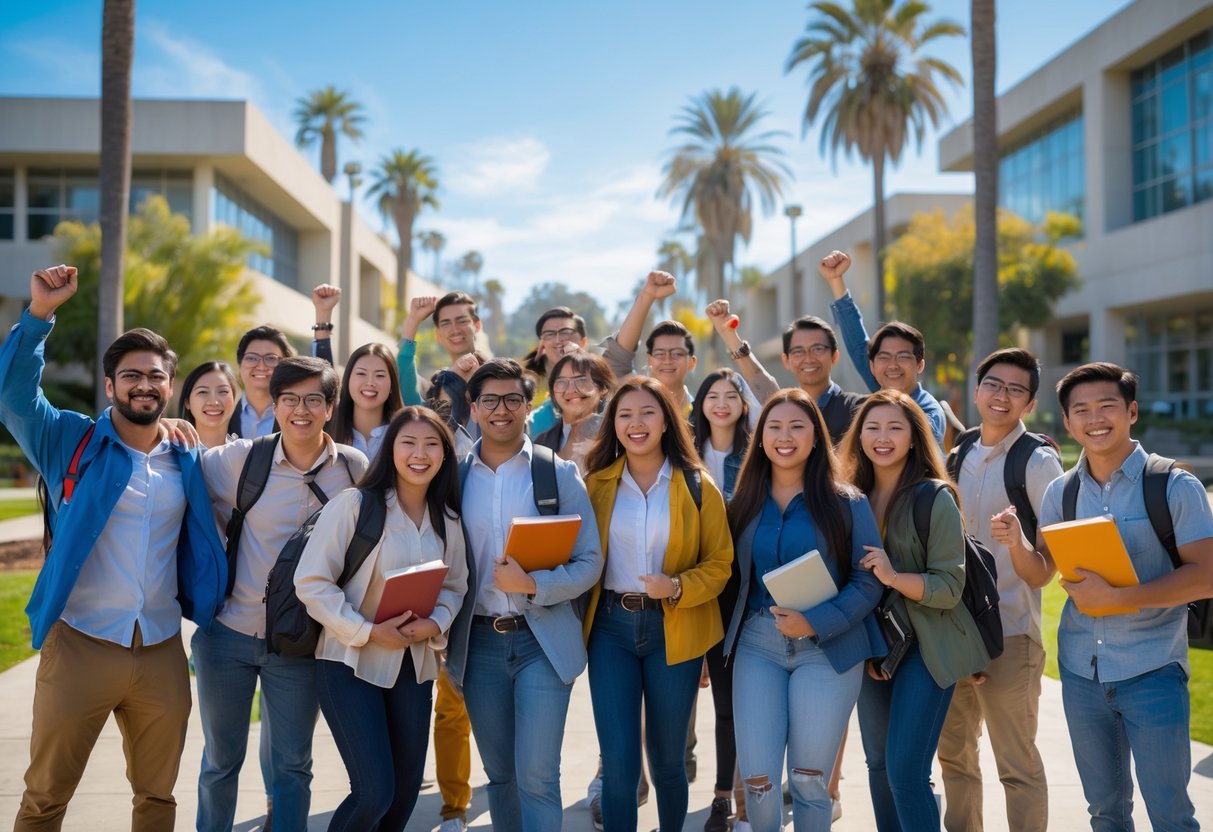 A diverse group of happy university students outdoors on a sunny campus, smiling and holding books and backpacks.