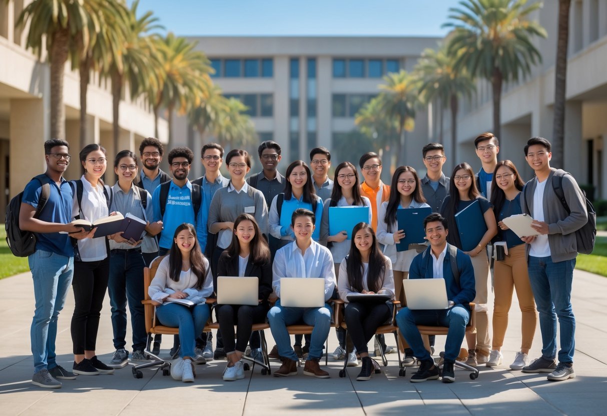 A group of diverse college students studying together outdoors on a sunny campus with modern buildings and palm trees.