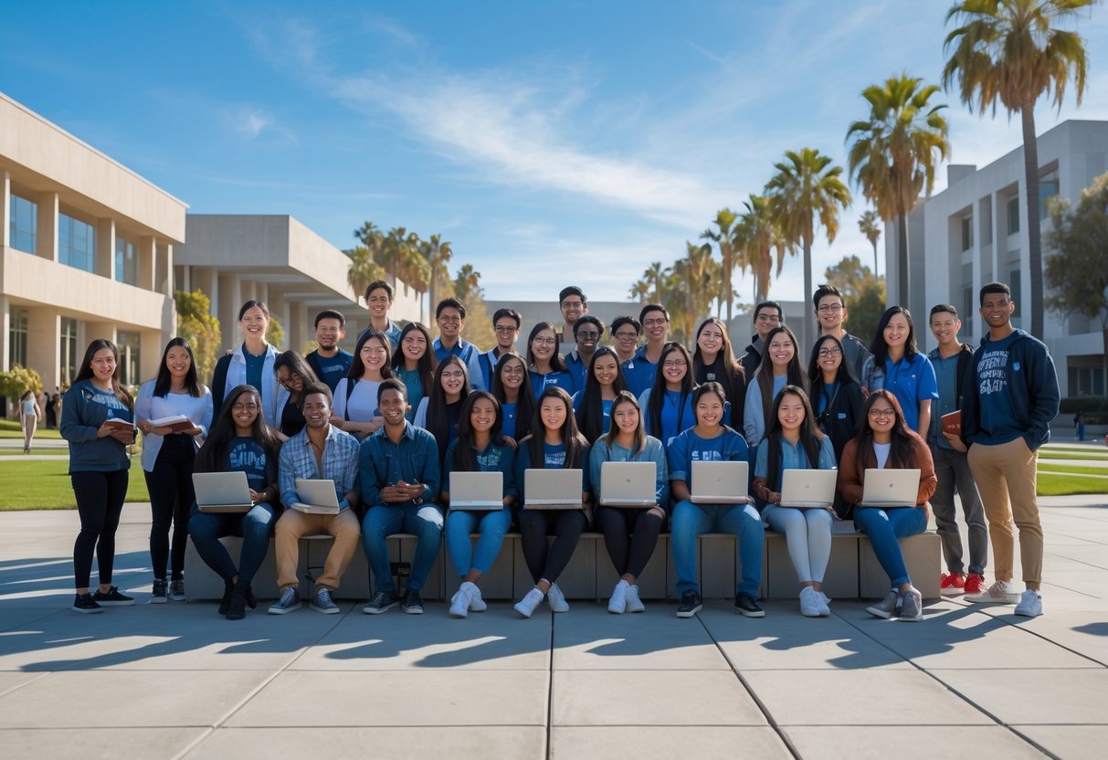 A group of diverse college students studying together outdoors on a university campus with modern buildings and palm trees in the background.