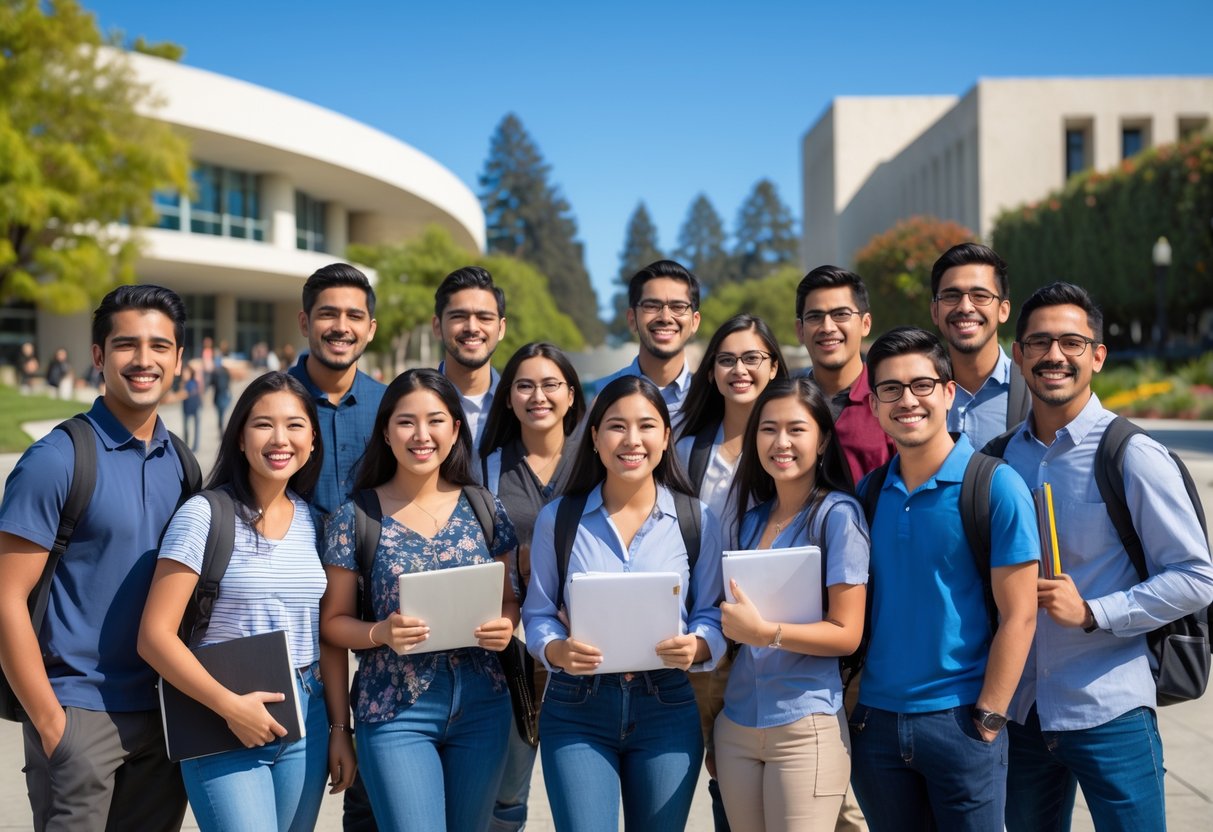 A group of Hispanic college students smiling and celebrating outside on a sunny day at a university campus.