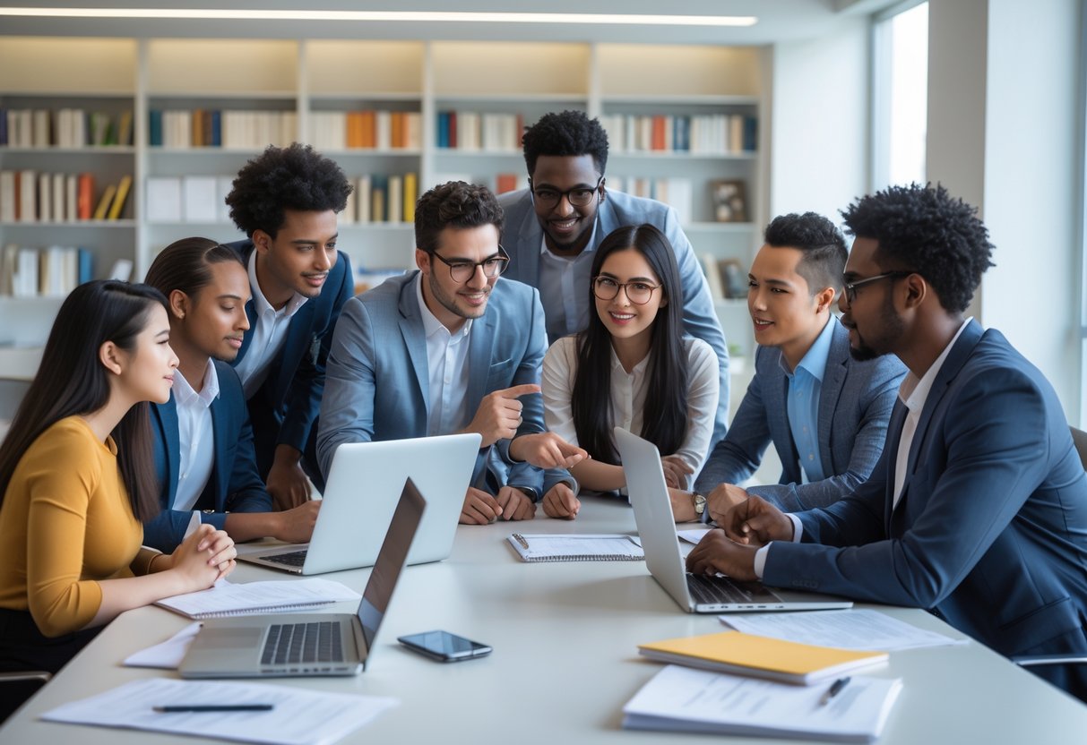 A diverse group of young adults working together around a table with laptops and documents in a bright university study room.