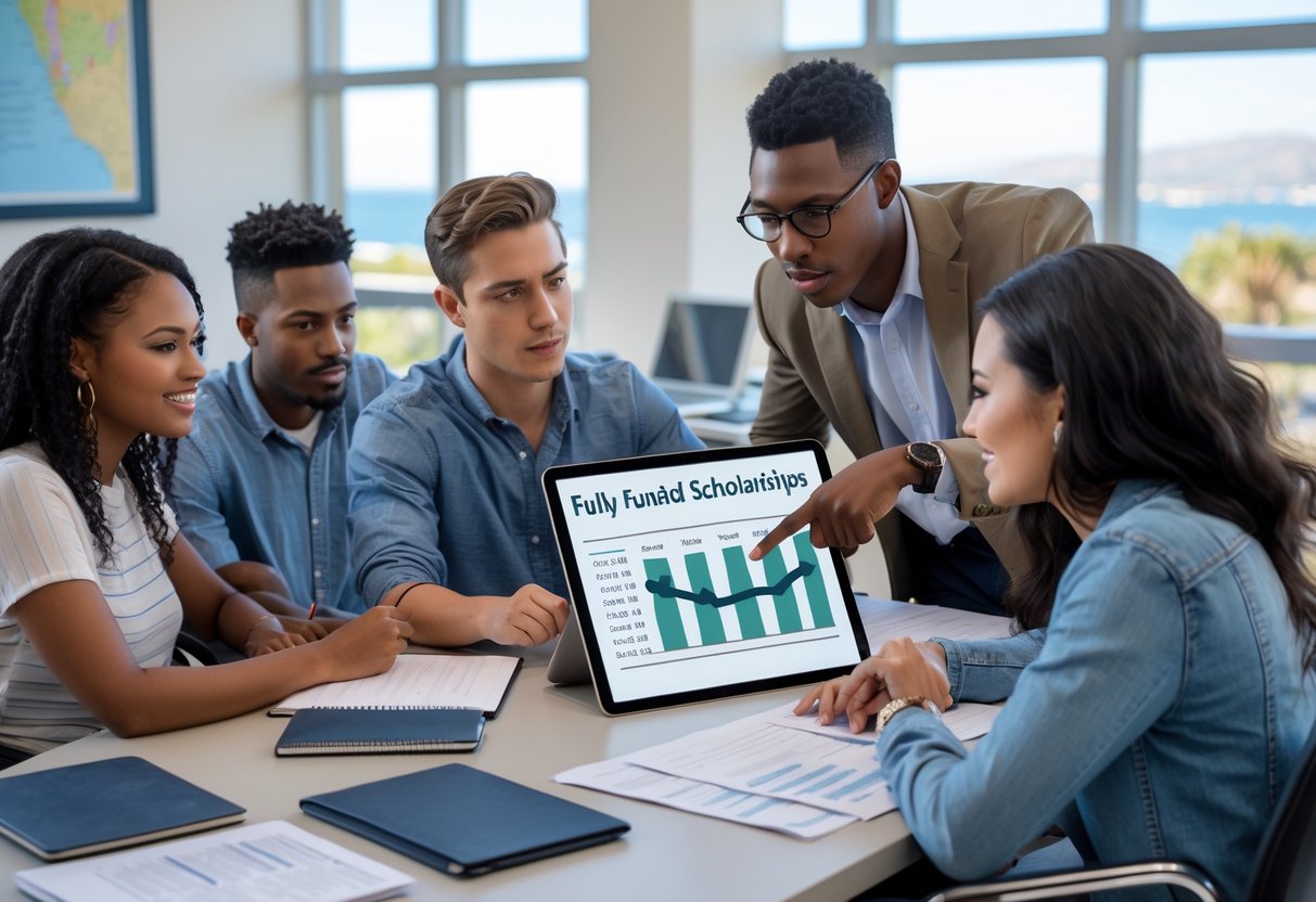 A group of students and a university advisor discussing application materials and a timeline in a bright university office.