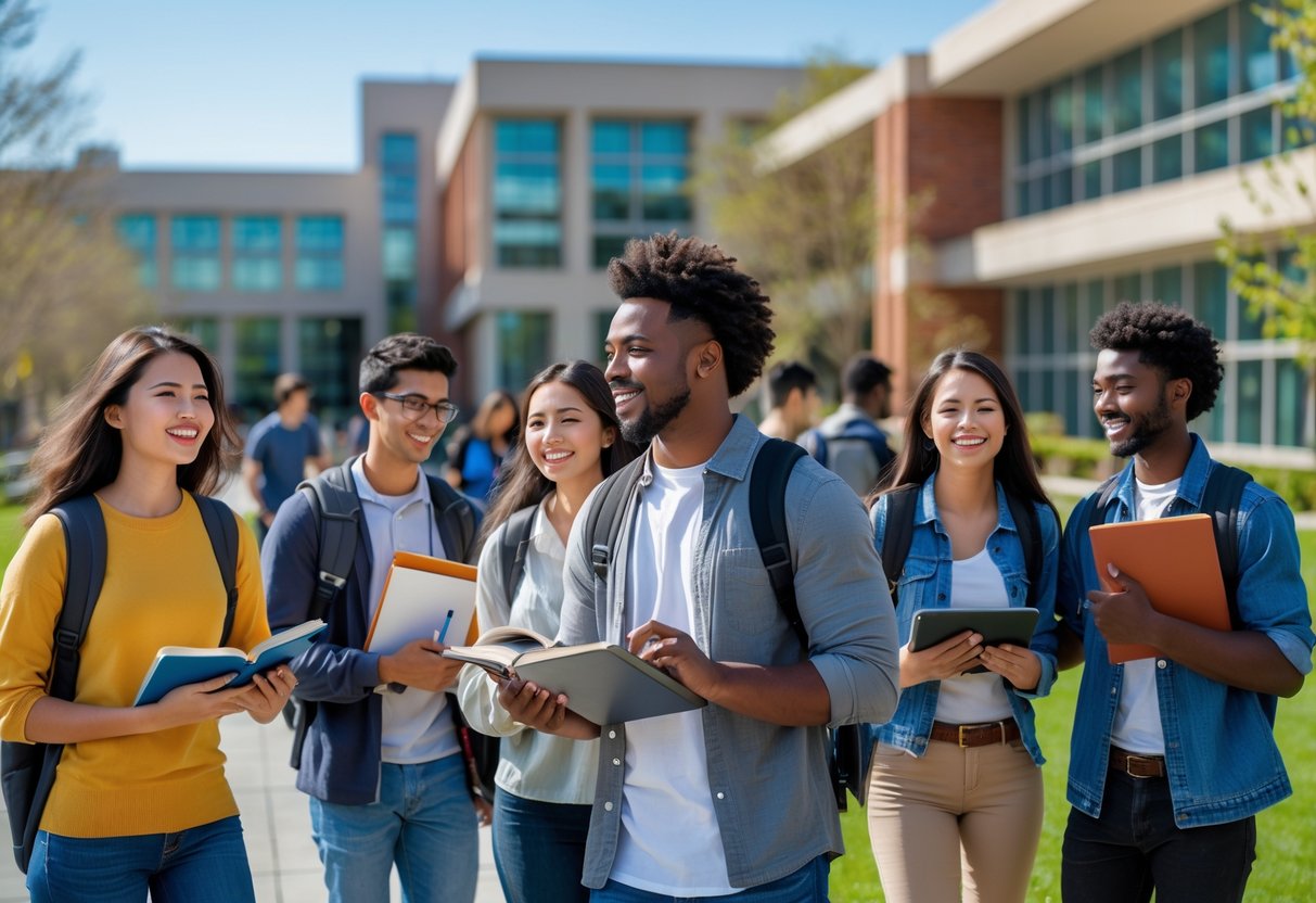 A diverse group of college students studying and talking together outdoors on a sunny campus with academic buildings in the background.