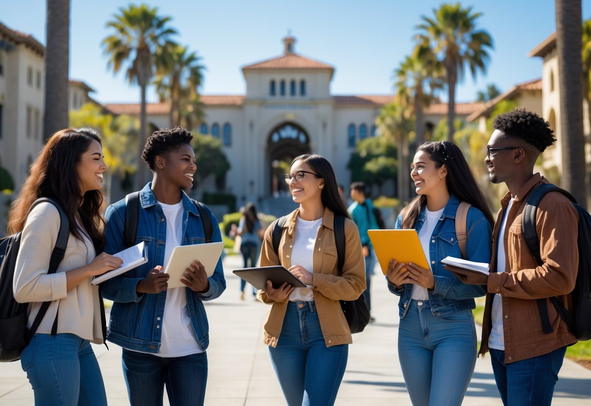 A group of diverse college students studying and talking together outdoors on a university campus with palm trees and buildings in the background.