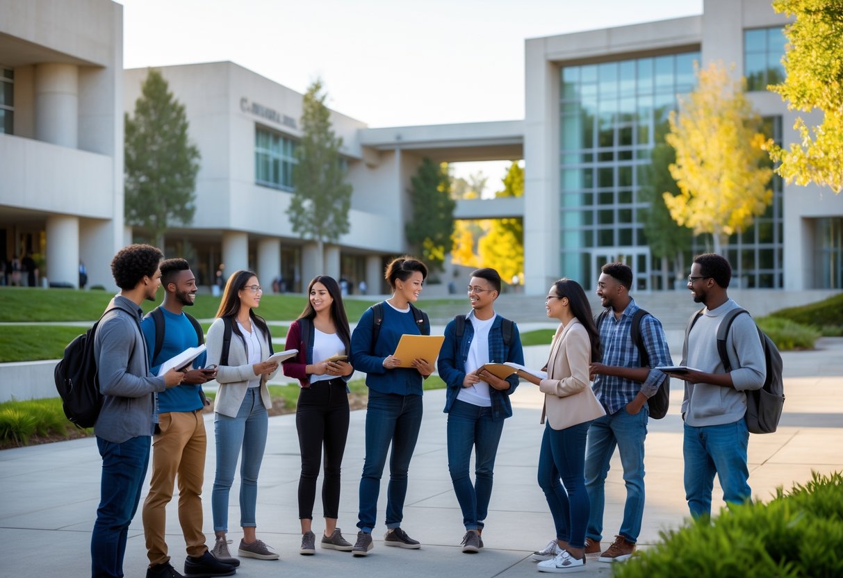 A group of diverse students talking and studying together outside on a university campus with modern buildings and green landscaping.