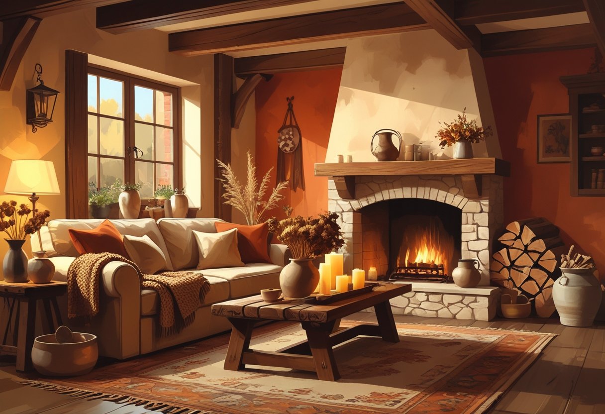 A cozy living room with wooden beams, exposed brick walls, a sofa with cushions and blankets, a wooden coffee table with pottery and candles, a rug, and a stone fireplace with stacked firewood.