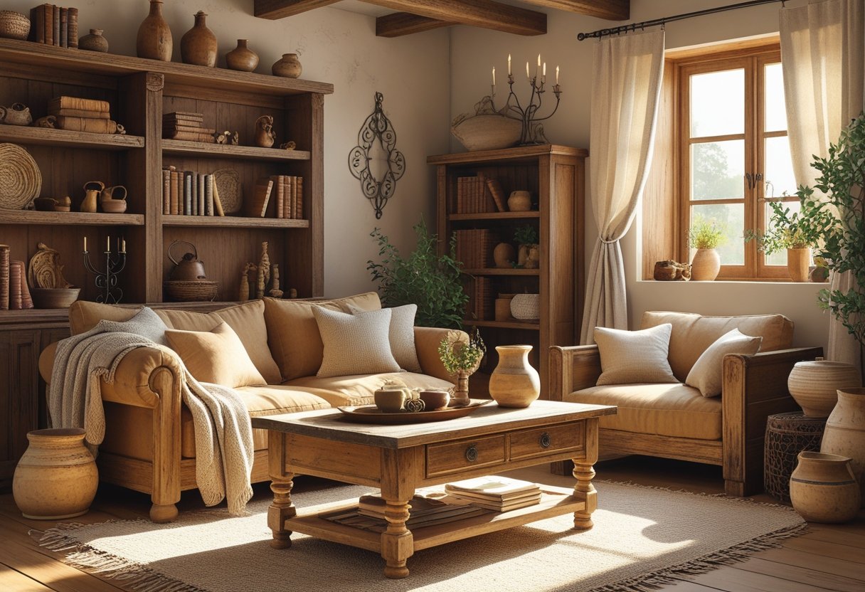 A warm and inviting room decorated with wooden furniture, vintage books, handcrafted pottery, and soft textiles, illuminated by natural sunlight.