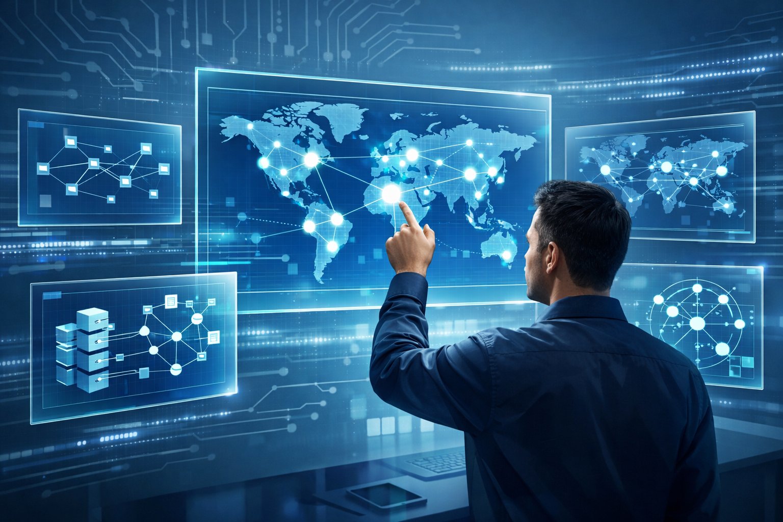 An IT professional interacting with floating digital screens showing global network maps and data connections representing DNS propagation monitoring.