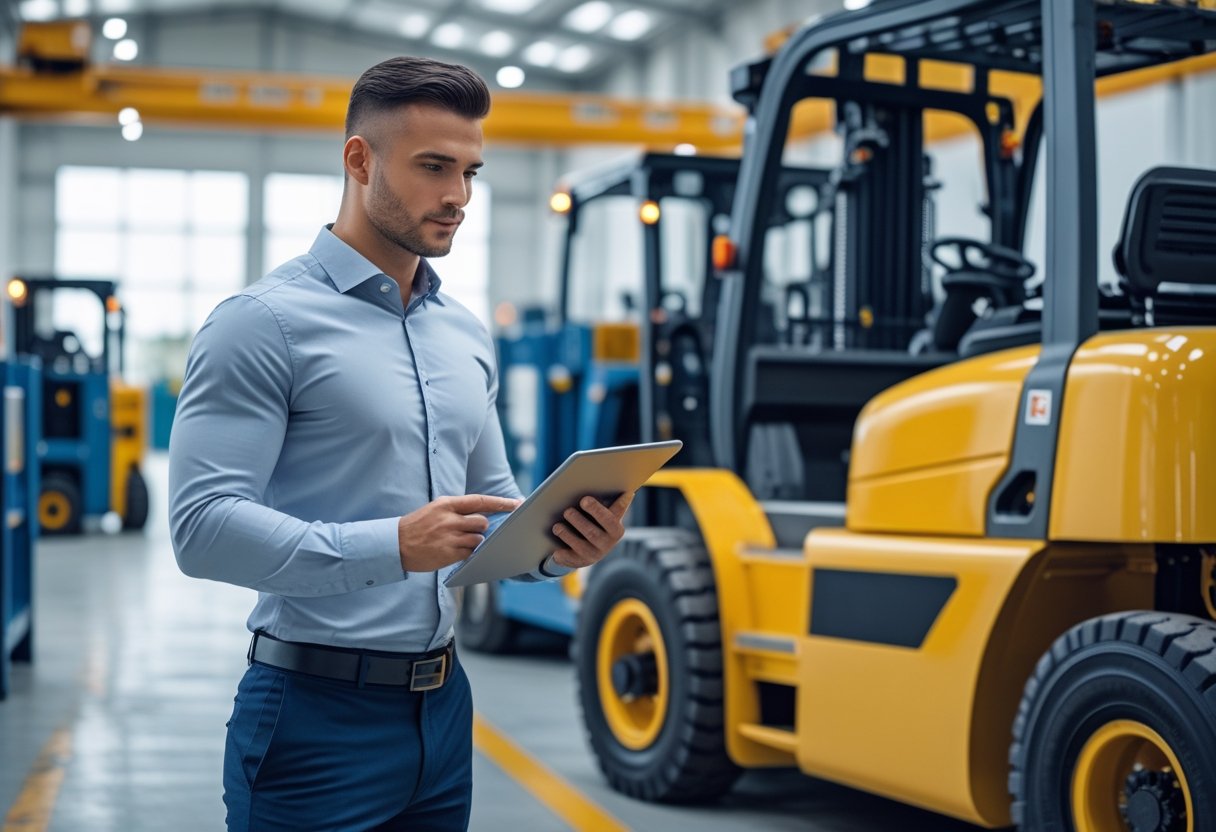 Gesch&auml;ftsperson steht neben Maschinen in einem Industriegeb&auml;ude und &uuml;berpr&uuml;ft Unterlagen auf einem Tablet.