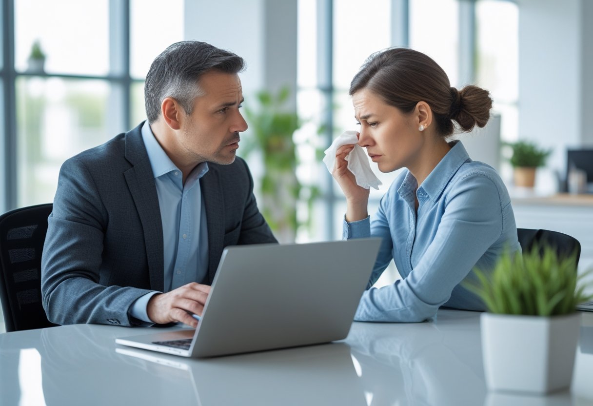 Ein Manager spricht besorgt mit einem m&uuml;den Mitarbeiter in einem hellen B&uuml;ro.