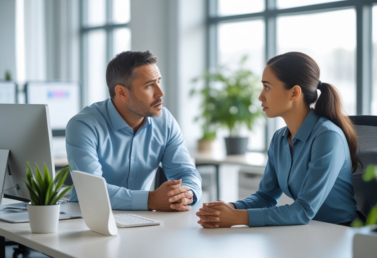 Ein B&uuml;ro, in dem ein besorgter Manager mit einem m&uuml;den Mitarbeiter spricht.