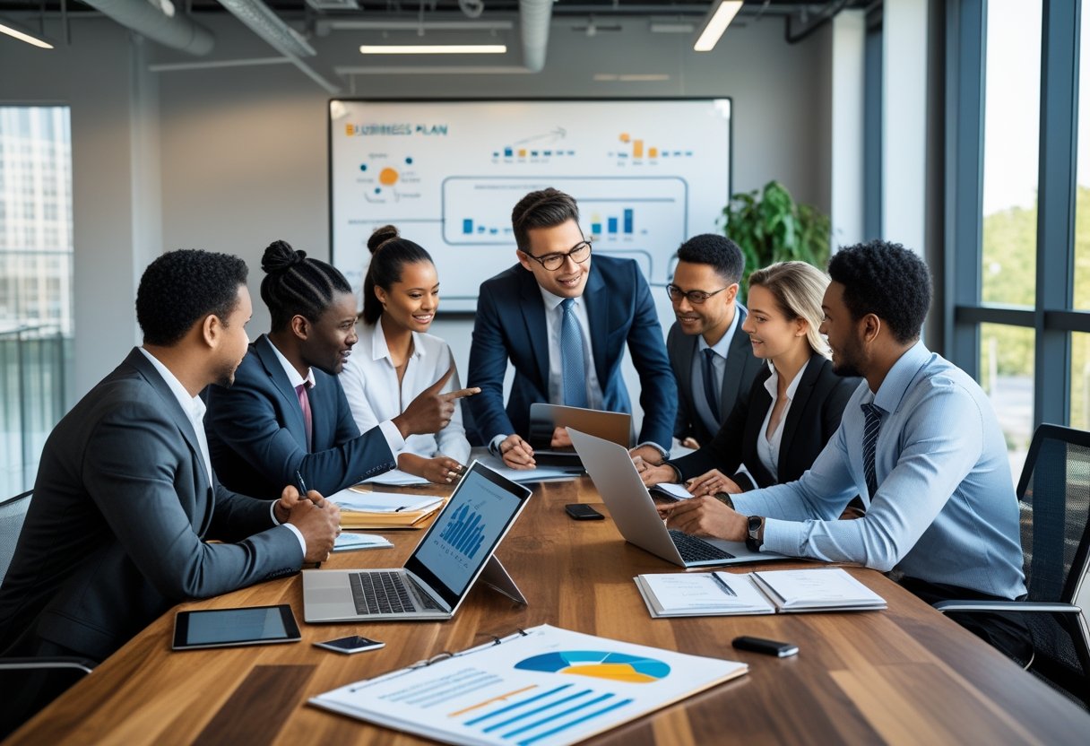 Mehrere Gesch&auml;ftspersonen arbeiten gemeinsam an einem Tisch mit Laptops und Diagrammen an einem Businessplan.