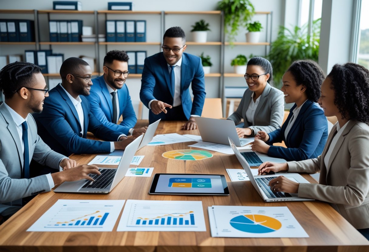 Mehrere Personen arbeiten gemeinsam an einem Gesch&auml;ftskonzept in einem modernen B&uuml;ro mit Laptops und Dokumenten.