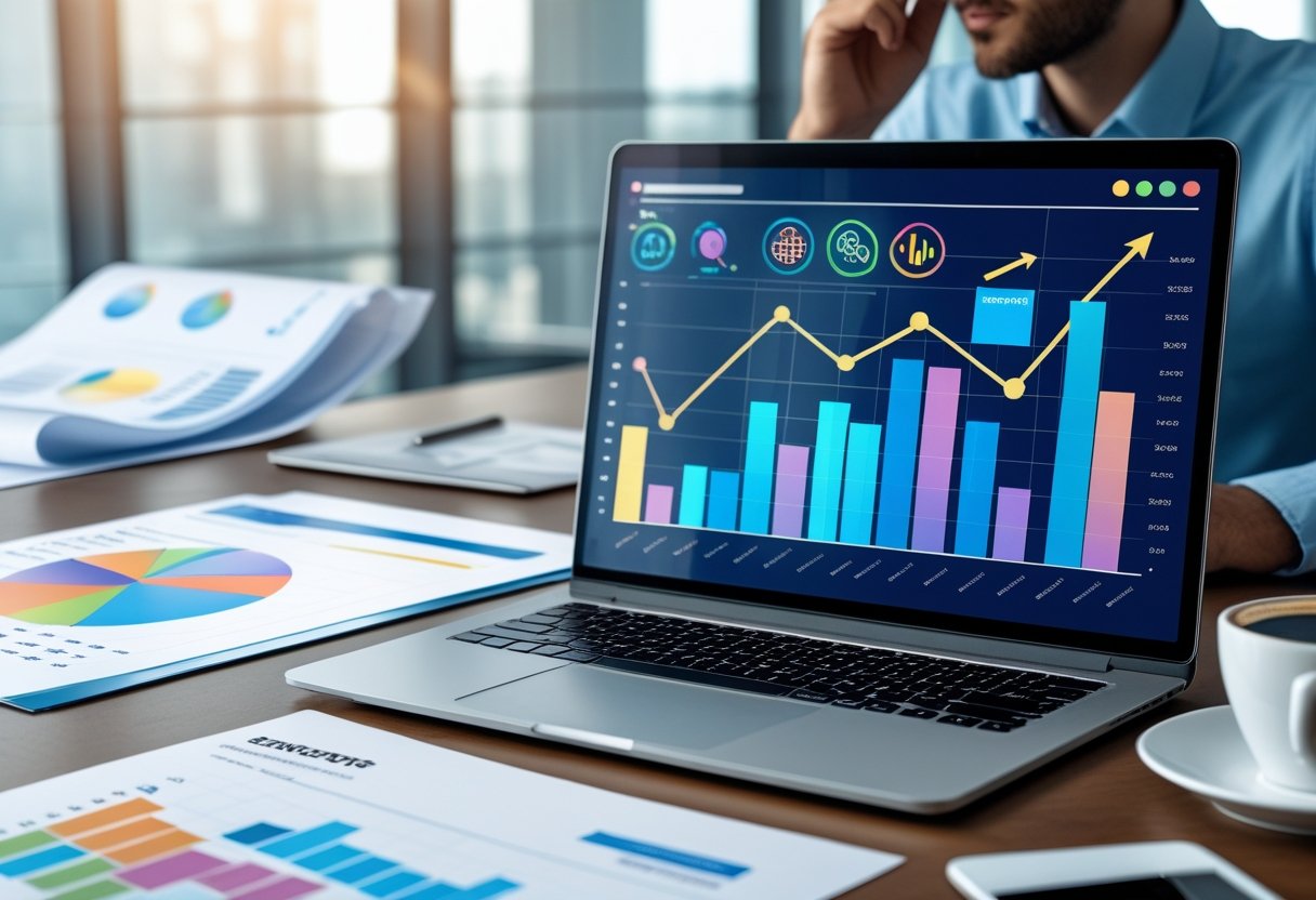 Was ist SEO - Suchmaschinenoptimierung? 2 Ein moderner Arbeitsplatz mit Laptop, Smartphone und Diagrammen, auf denen Daten zur Suchmaschinenoptimierung angezeigt werden.