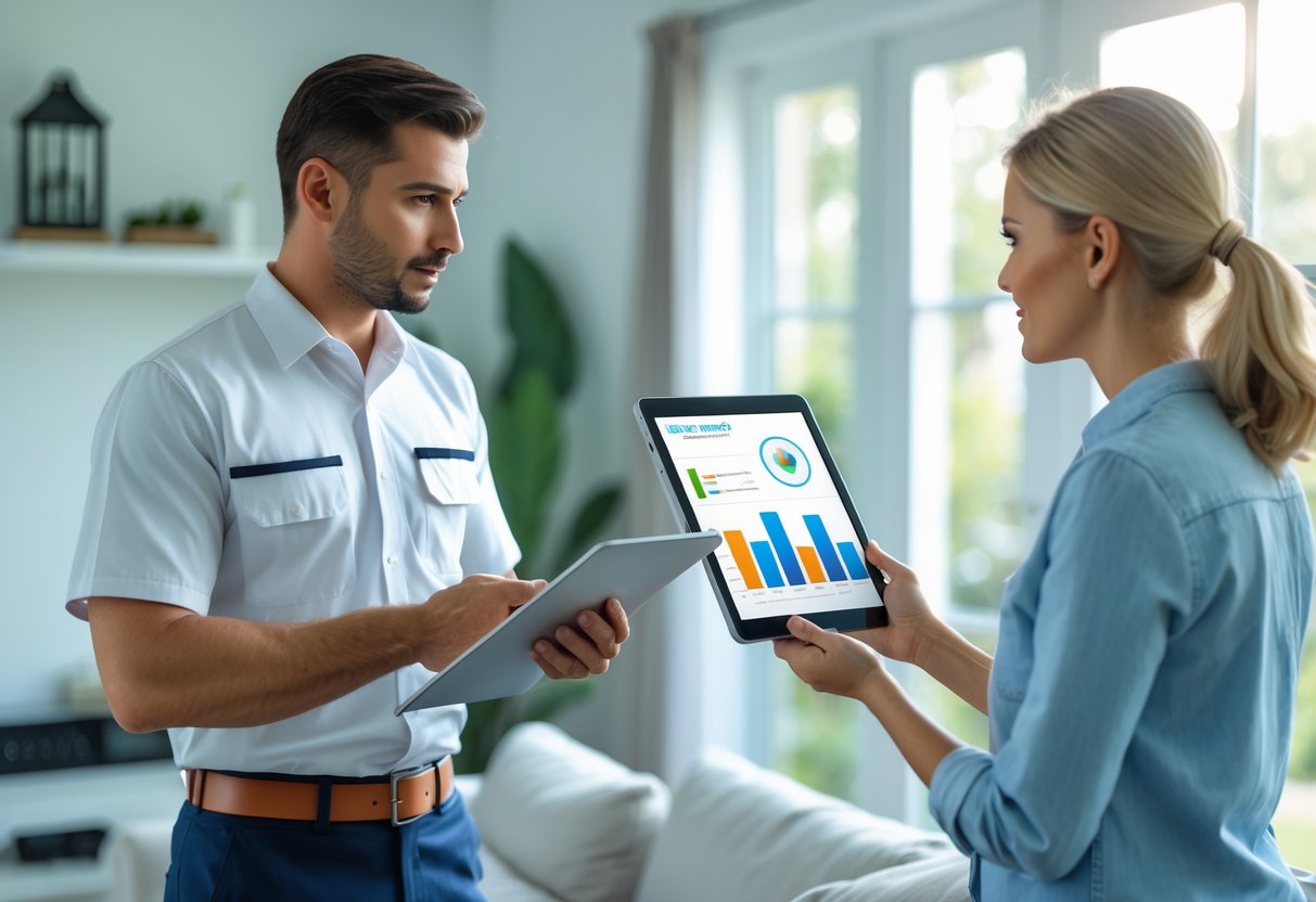 En skadedyrkontrollør forklarer prisdetaljer til en boligeier i en stue.