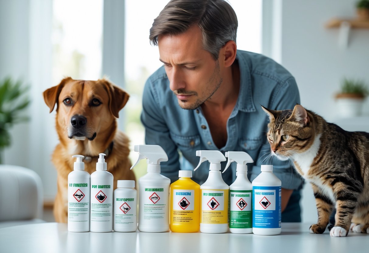 En person som undersøker skadedyrkontrollprodukter med en hund og en katt i nærheten.