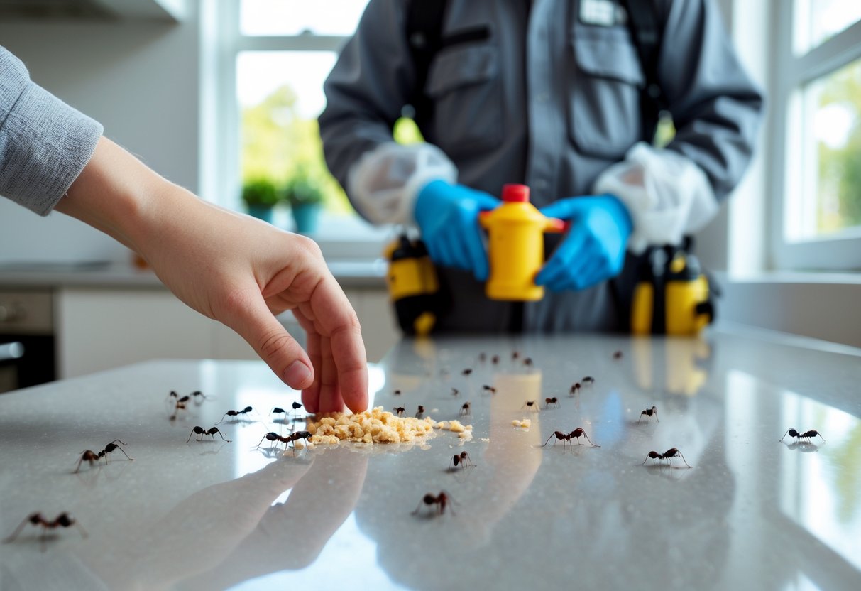En person undersøker maur på et kjøkkenbord mens en skadedyrkontrollarbeider forbereder utstyr i bakgrunnen.