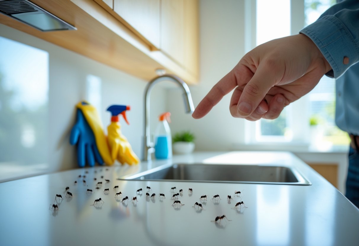 En person som peker på en maurstamme i et moderne kjøkken med kjøkkenutstyr i bakgrunnen.