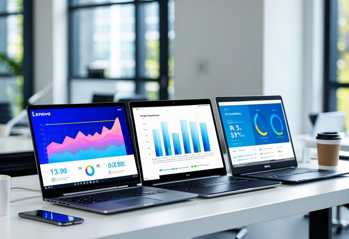 Three laptops from Lenovo, HP, and Dell side by side on a desk showing performance graphs, with office accessories around them.