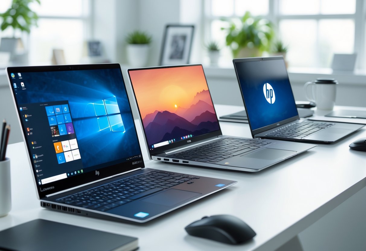 Three laptops from Lenovo, HP, and Dell displayed side by side on a desk in an office setting.