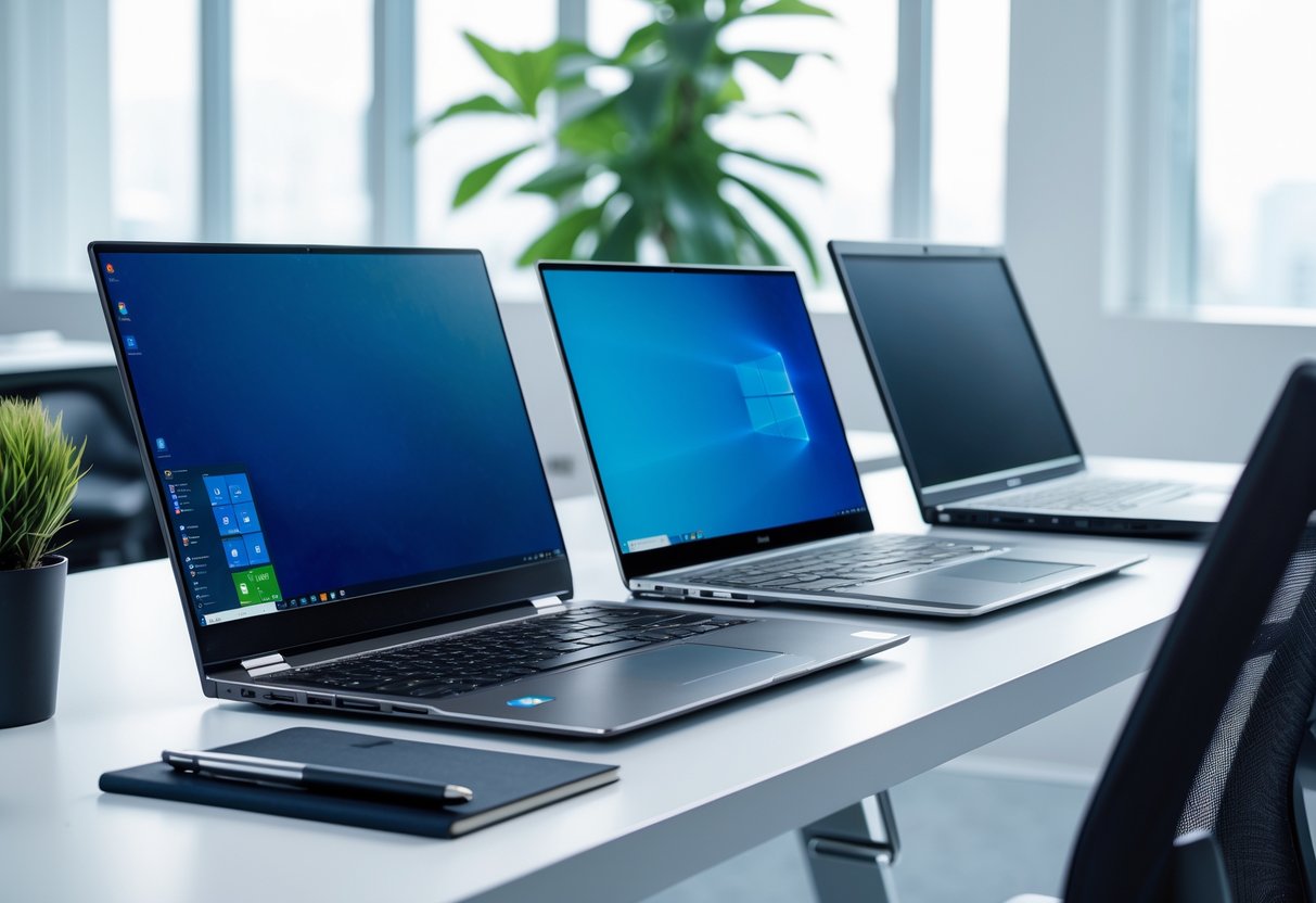Three laptops from Lenovo, HP, and Dell displayed side by side on a white desk in a bright office setting.