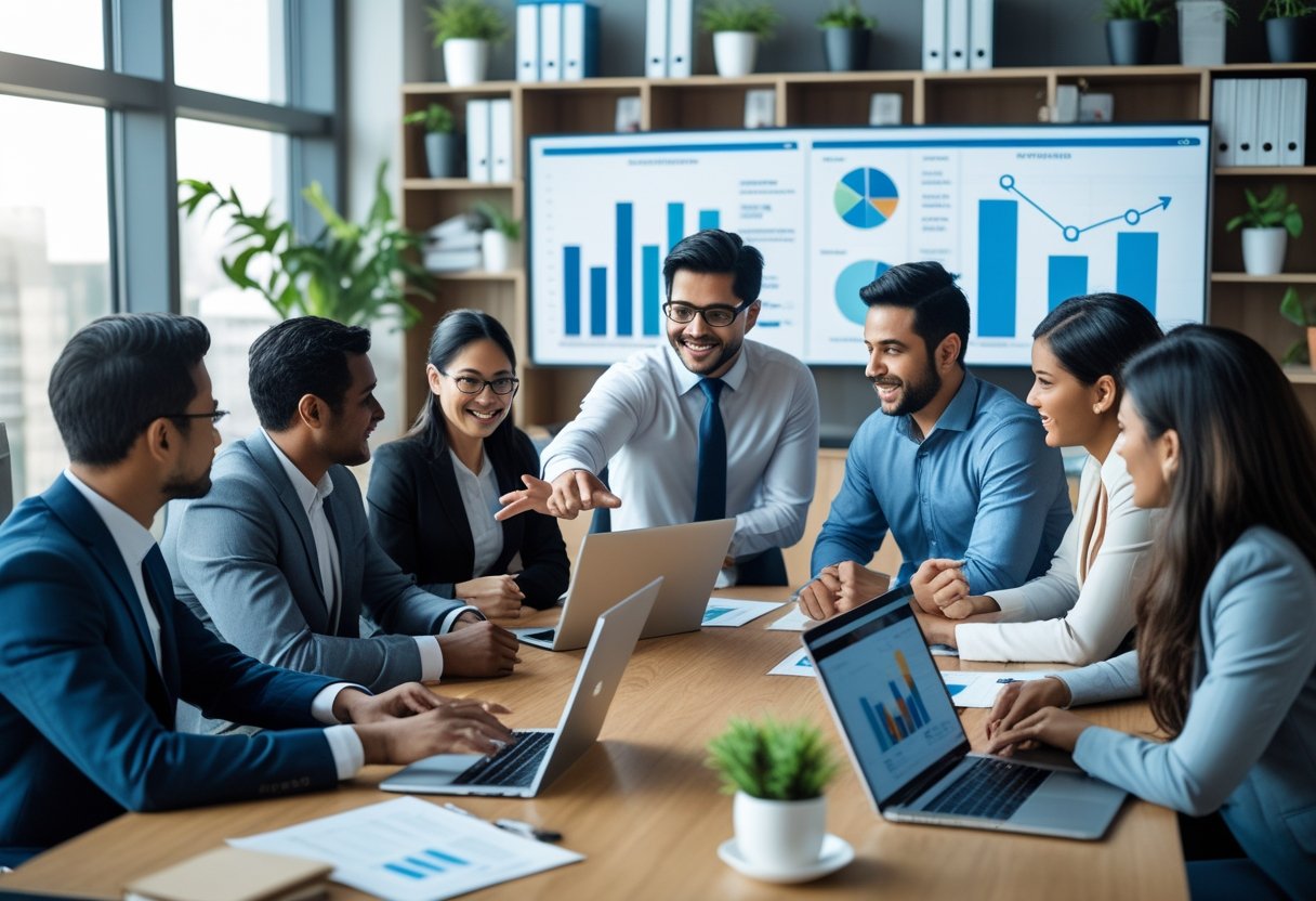 Kundenakquise - Definition - Strategien 2 Geschäftsleute in einem modernen Büro, die gemeinsam an Strategien zur Kundenakquise arbeiten.