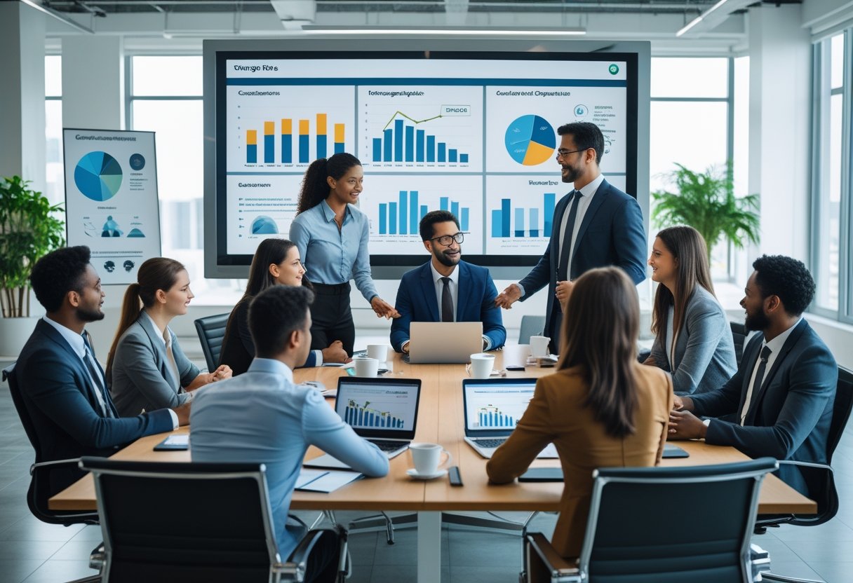 Kundenakquise - Definition - Strategien 3 Geschäftsleute bei einer Besprechung in einem modernen Büro, die Kundenanalyse und Akquise vorbereiten.