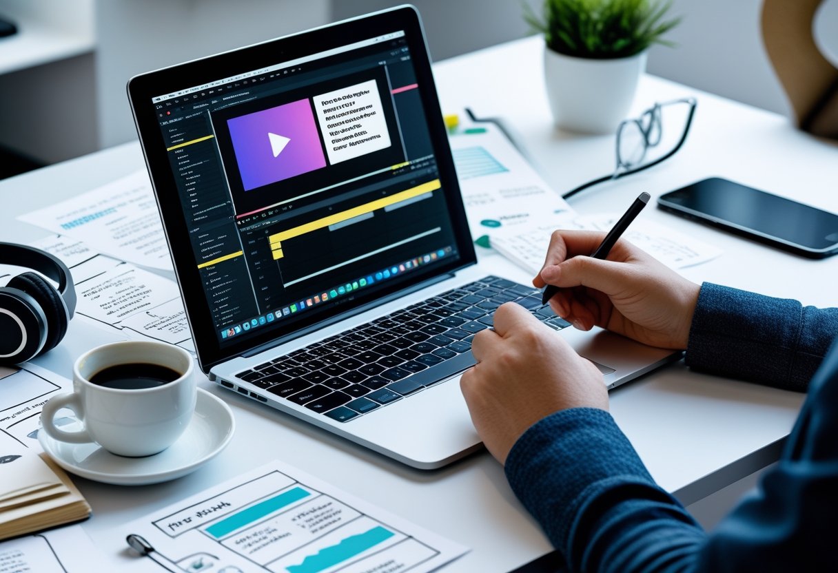 Ein moderner Arbeitsplatz mit Laptop, Tablet und Notizen, an dem eine Person an der Erstellung von Erkl&auml;rvideos arbeitet.