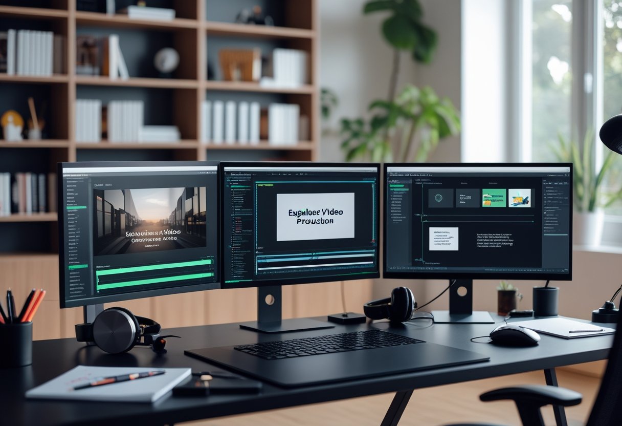 Ein moderner Arbeitsplatz mit zwei Bildschirmen, auf denen Videobearbeitungssoftware und animierte Storyboards zu sehen sind, umgeben von digitalen Werkzeugen wie Grafiktablett und Kopfh&ouml;rern.