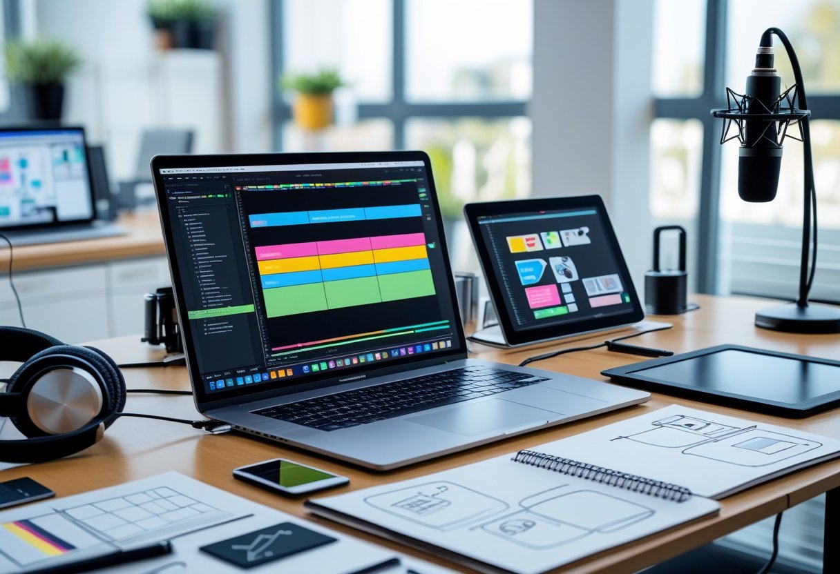 Ein moderner Arbeitsplatz mit Laptop, Mikrofon, Kopfh&ouml;rern und Skizzen, der die Arbeit an Erkl&auml;rvideos zeigt.