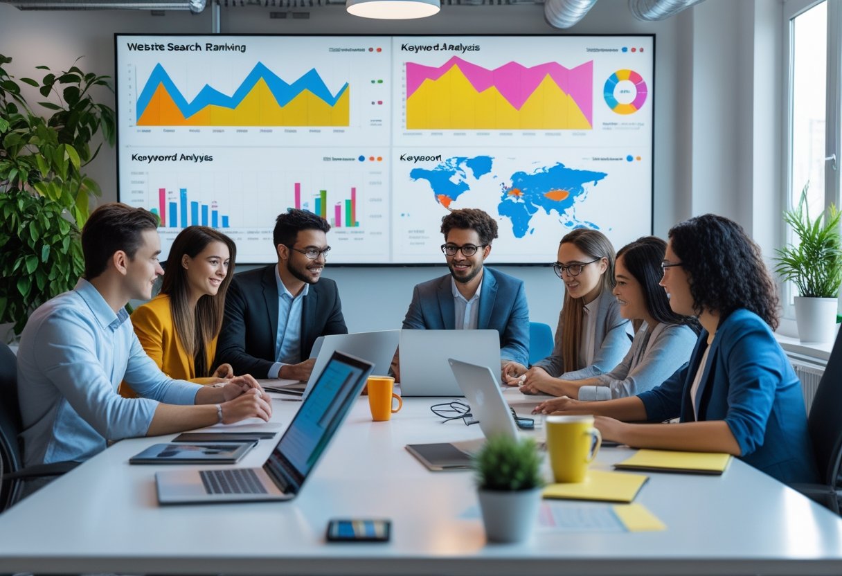 Junge Berufst&auml;tige arbeiten gemeinsam an einem Tisch mit Laptops und Tablets, auf denen Diagramme und Analysen zu Google-Rankings zu sehen sind.