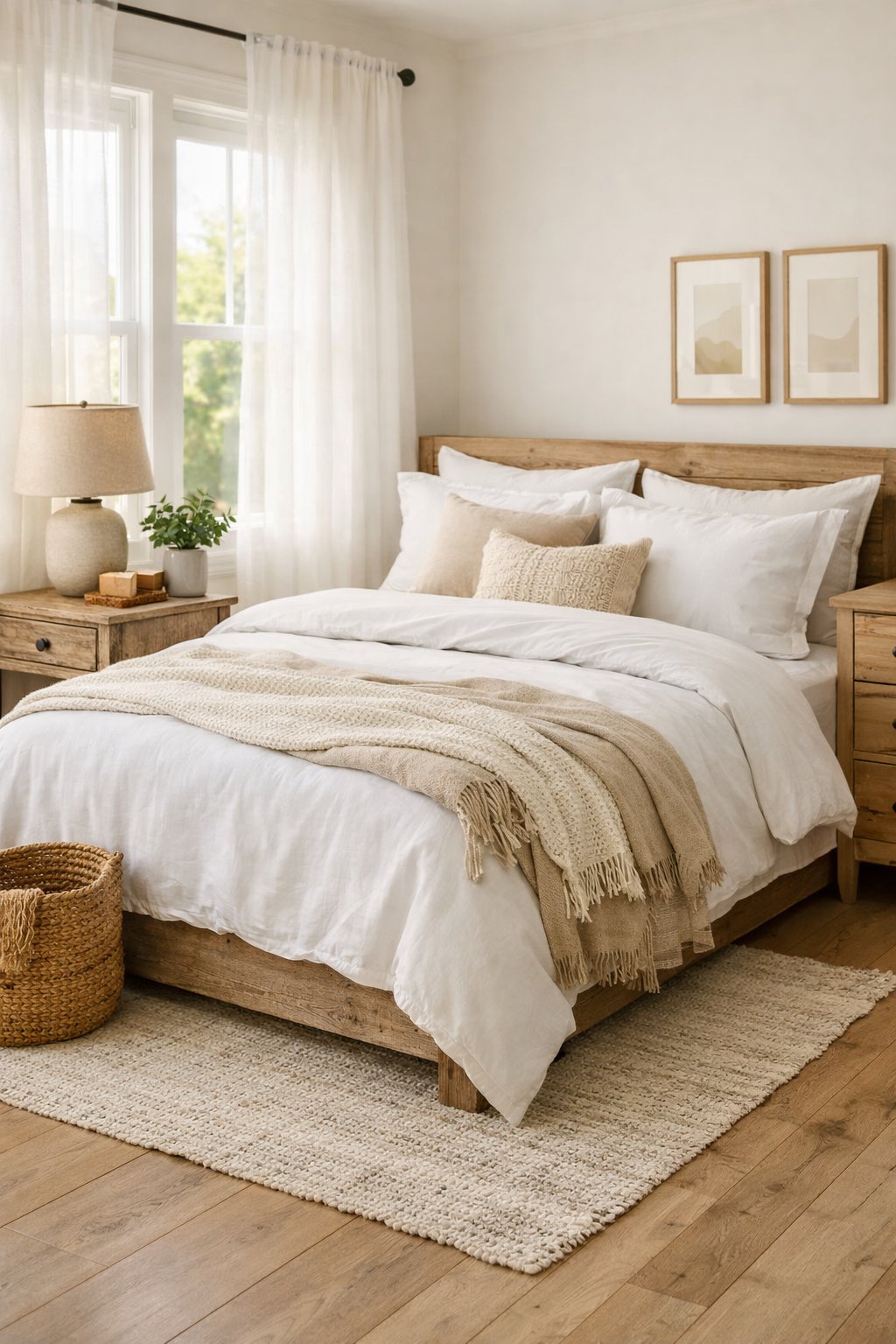 21 Modern Farmhouse Bedroom Ideas That Look Expensive (But Are Budget-Friendly): Six Smart Design Picks 3 A cozy bedroom with a neatly made bed, wooden furniture, natural light from windows, and simple decorative items.