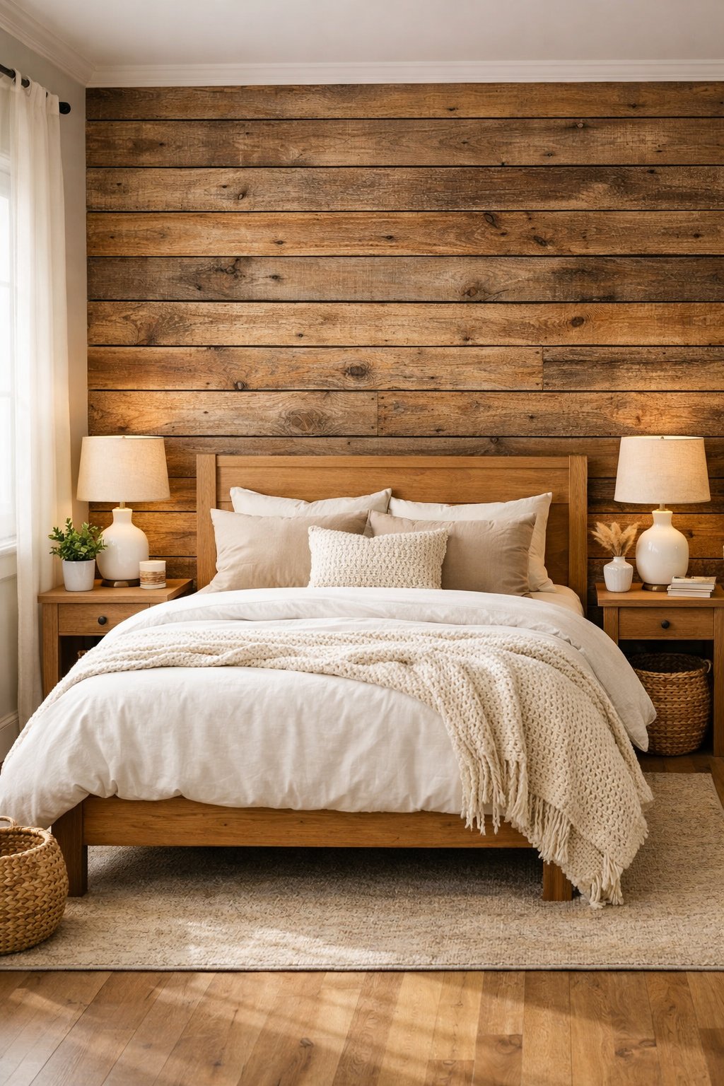 21 Modern Farmhouse Bedroom Ideas That Look Expensive (But Are Budget-Friendly): Six Smart Design Picks 4 A bedroom with a wooden accent wall behind the bed, natural light coming through a window, and simple furniture including a bed with white bedding and bedside lamps.