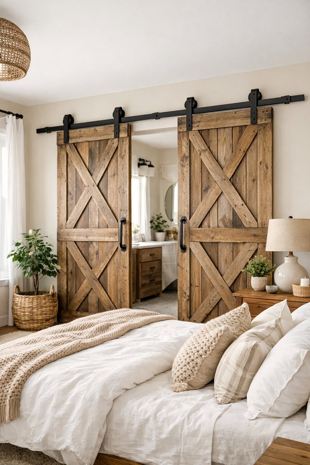 21 Modern Farmhouse Bedroom Ideas That Look Expensive (But Are Budget-Friendly): Six Smart Design Picks 5 A bedroom with sliding wooden barn doors, a bed with white linens, a nightstand with a lamp, and natural light coming through windows.