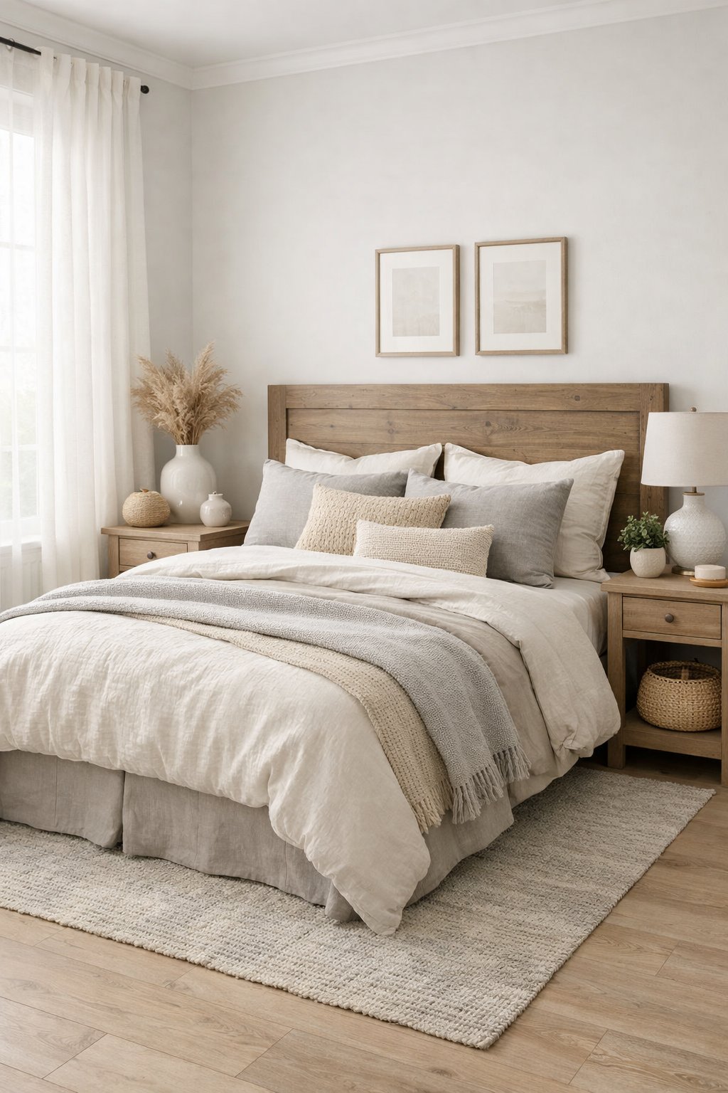 21 Modern Farmhouse Bedroom Ideas That Look Expensive (But Are Budget-Friendly): Six Smart Design Picks 6 A bedroom with a neatly made bed, wooden headboard, soft linens, bedside tables with lamps, and natural light coming through curtains.