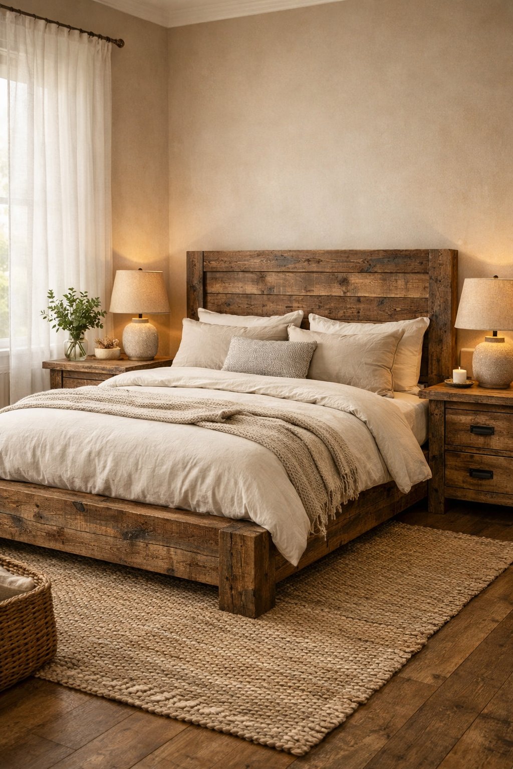 21 Modern Farmhouse Bedroom Ideas That Look Expensive (But Are Budget-Friendly): Six Smart Design Picks 7 A cozy bedroom with a wooden bed frame and matching nightstands, soft bedding, natural light, and simple decor.