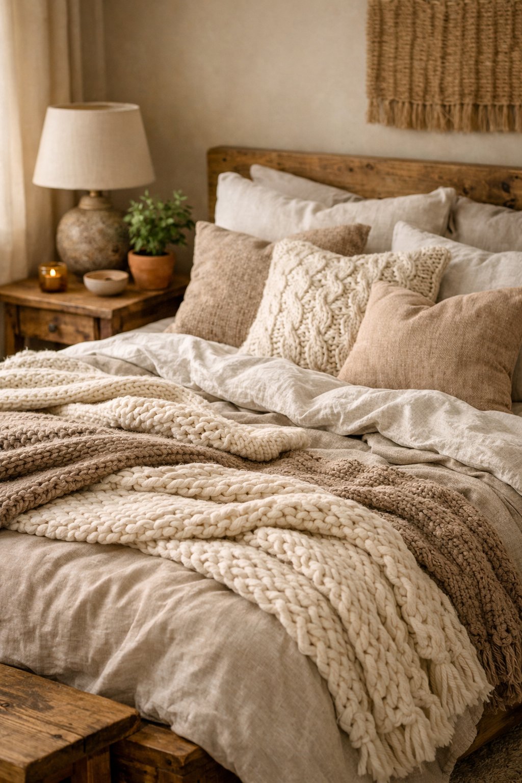 21 Modern Farmhouse Bedroom Ideas That Look Expensive (But Are Budget-Friendly): Six Smart Design Picks 8 A cozy bedroom with a bed layered with chunky knit throws, linen bedding, and pillows, next to a wooden bedside table with a small plant.