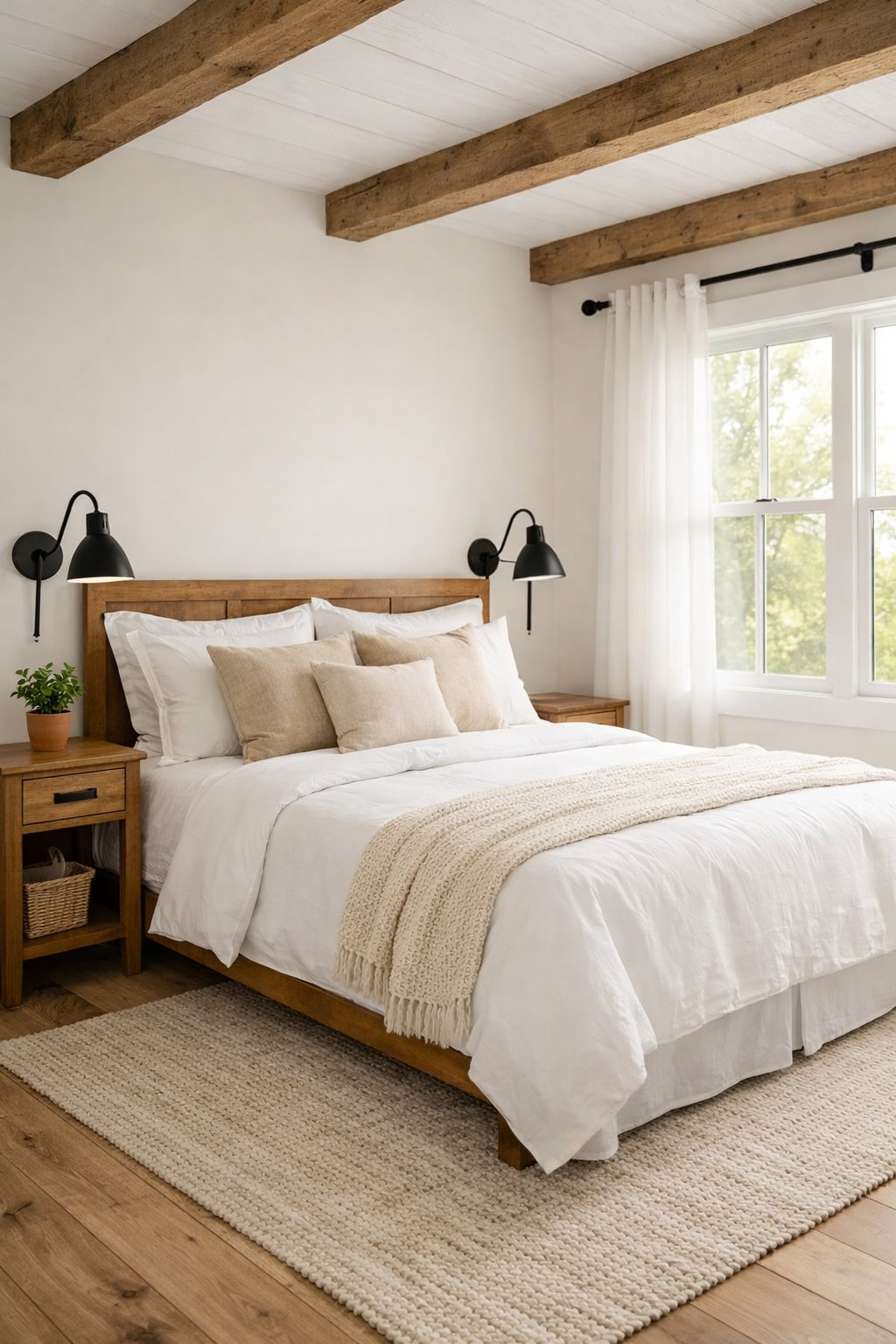 21 Modern Farmhouse Bedroom Ideas That Look Expensive (But Are Budget-Friendly): Six Smart Design Picks 9 A bright bedroom with a cozy bed, wooden furniture, and black metal lamps and hardware, lit by natural light from large windows.