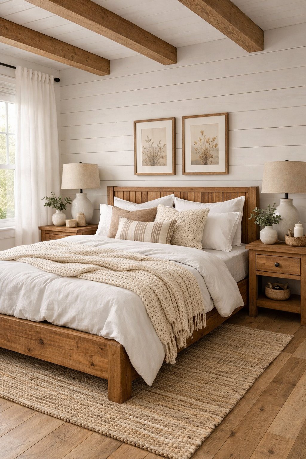 21 Modern Farmhouse Bedroom Ideas That Look Expensive (But Are Budget-Friendly): Six Smart Design Picks 10 A bright bedroom with a large bed, white linens, wooden furniture, plants, and soft natural light coming through windows.