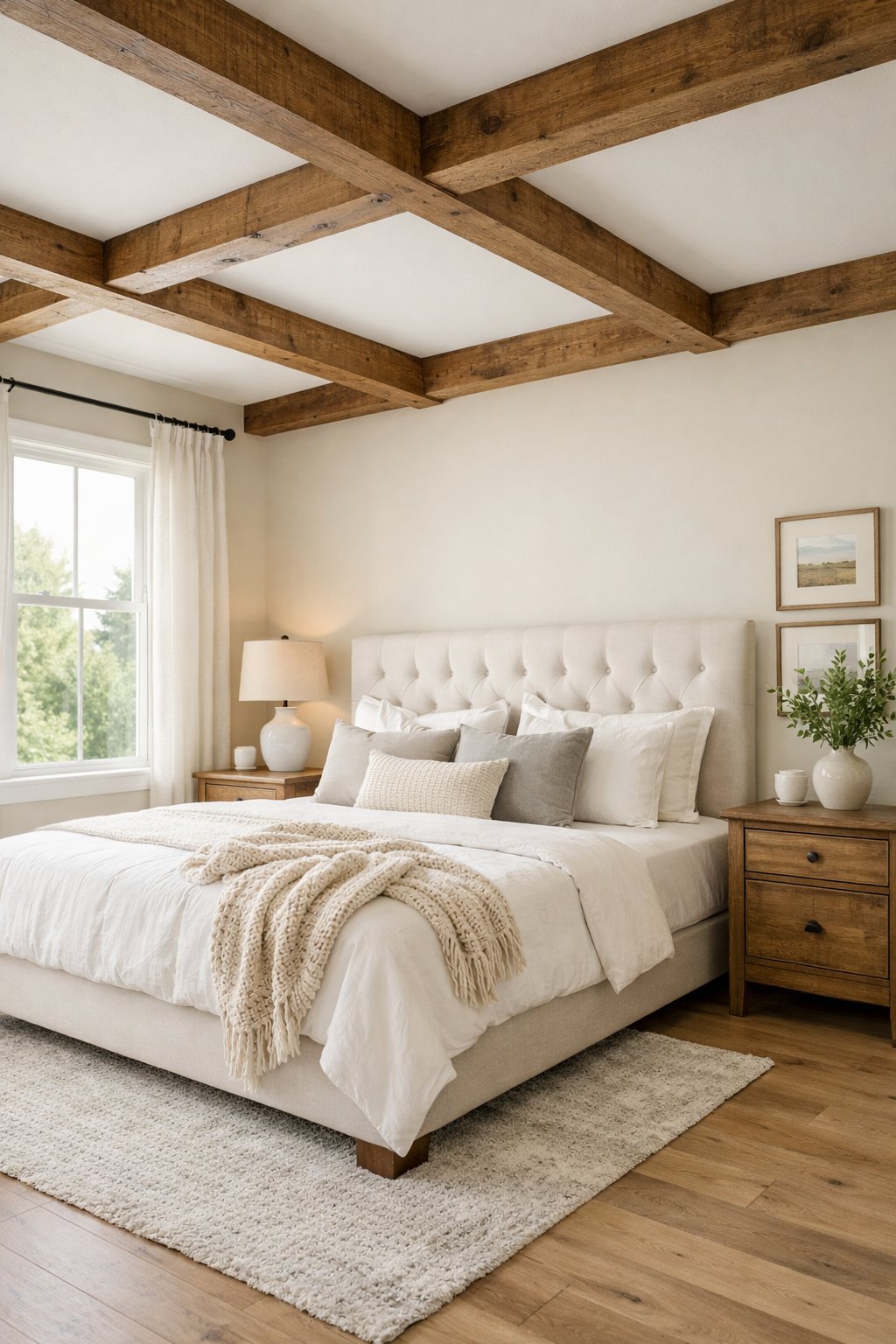 21 Modern Farmhouse Bedroom Ideas That Look Expensive (But Are Budget-Friendly): Six Smart Design Picks 11 A bright bedroom with a large bed, wooden furniture, a vase with greenery, and natural light coming through windows.