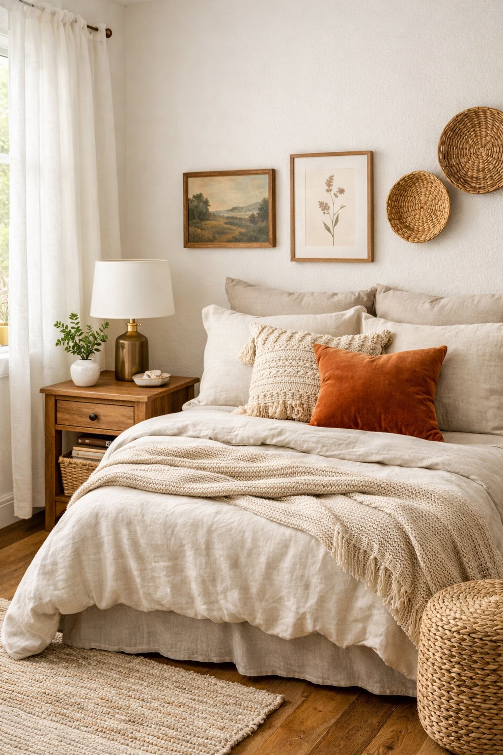 21 Modern Farmhouse Bedroom Ideas That Look Expensive (But Are Budget-Friendly): Six Smart Design Picks 12 A well-lit bedroom with a cozy bed, wooden nightstand, table lamp, and decorative plants.