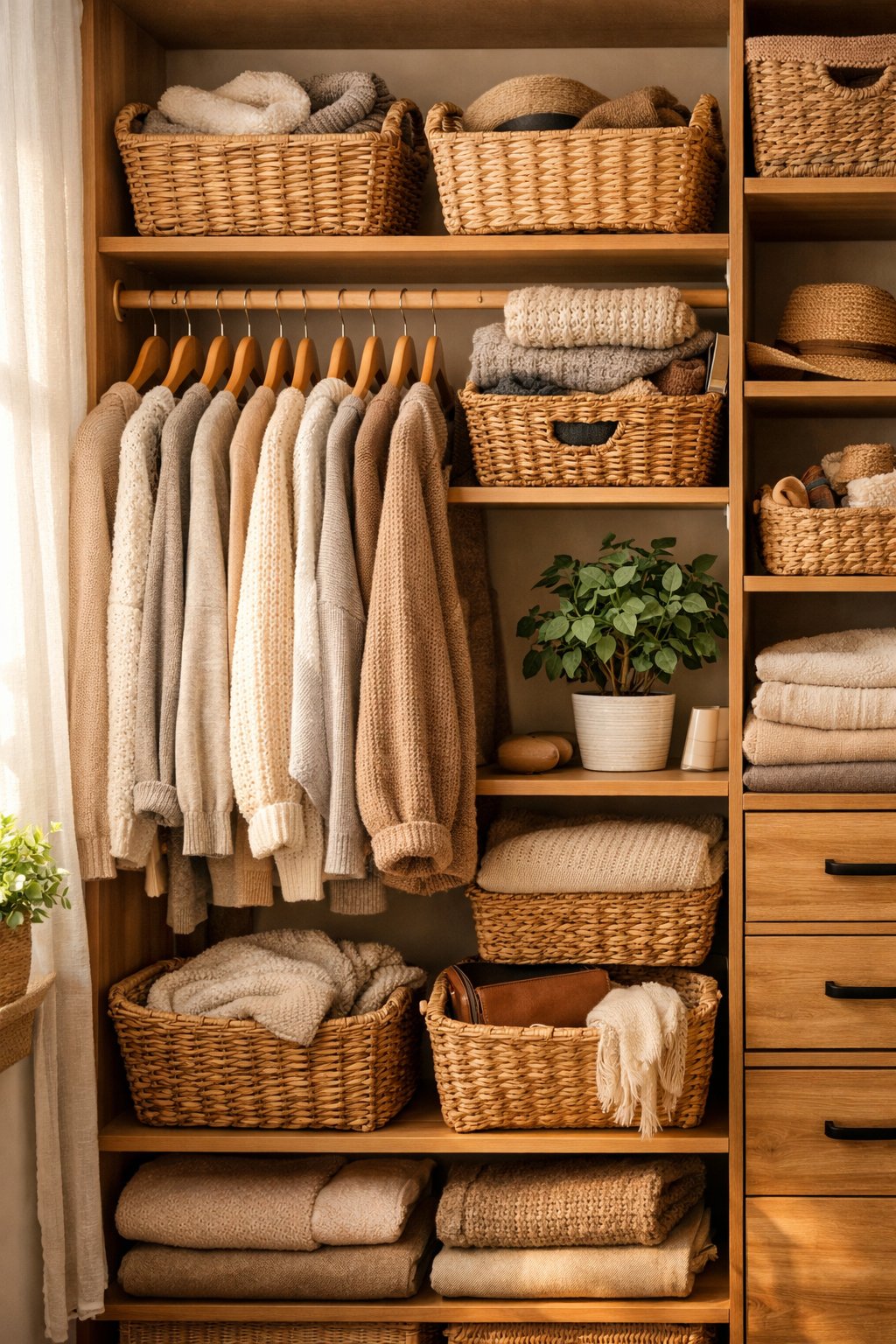 A neatly organized closet with clothes on wooden hangers, woven baskets, folded scarves, and a small potted plant, bathed in warm natural light.
