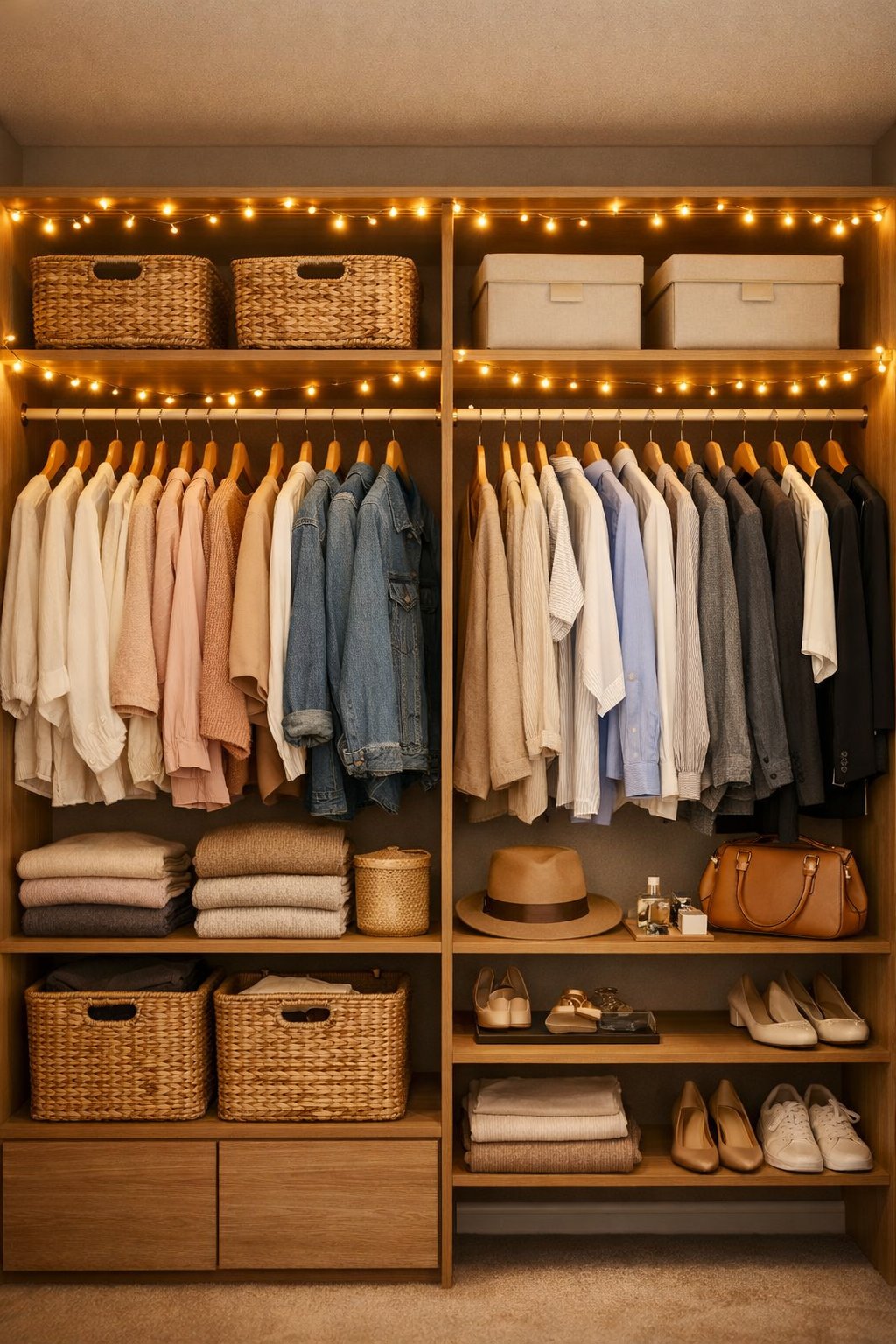 A neatly organized closet interior lit by warm LED string lights, showing clothes and storage bins arranged tidily.