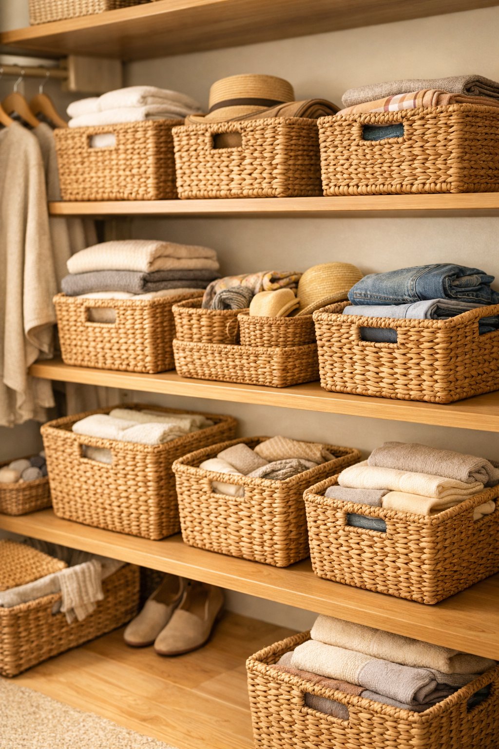 A closet with shelves organized using woven baskets filled with clothes and accessories.