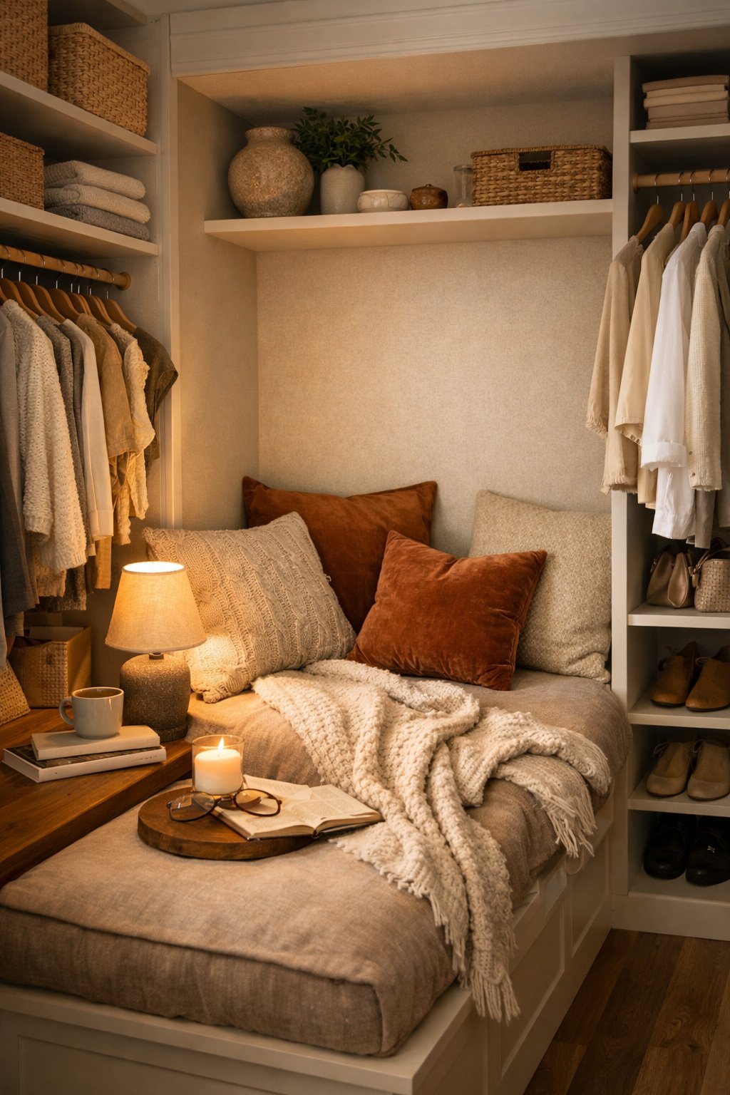 A small reading nook with cushions and a soft throw blanket inside a walk-in closet with organized shelves and hanging clothes.