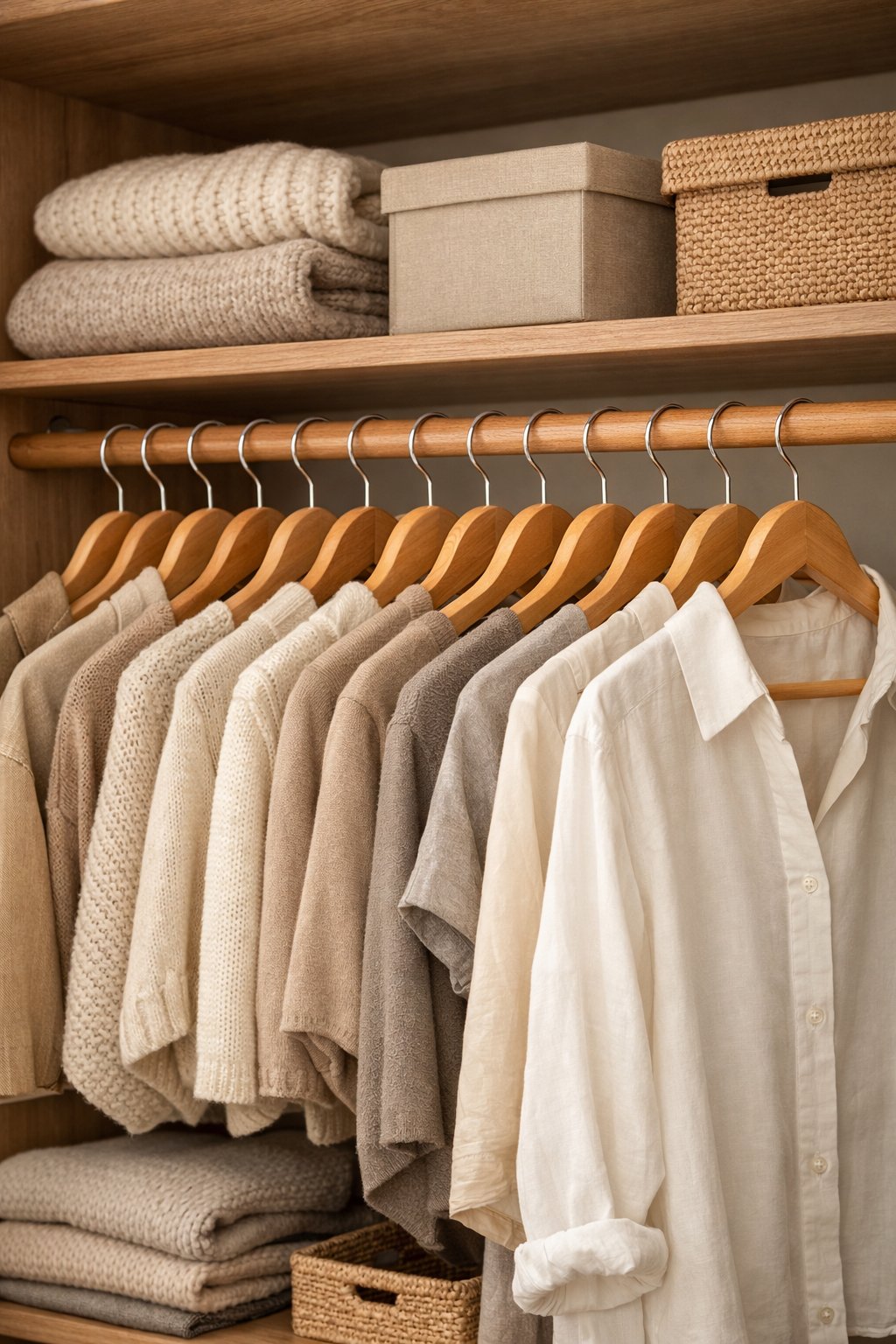 A neatly organized closet with matching wooden hangers holding clothes and folded sweaters on shelves.