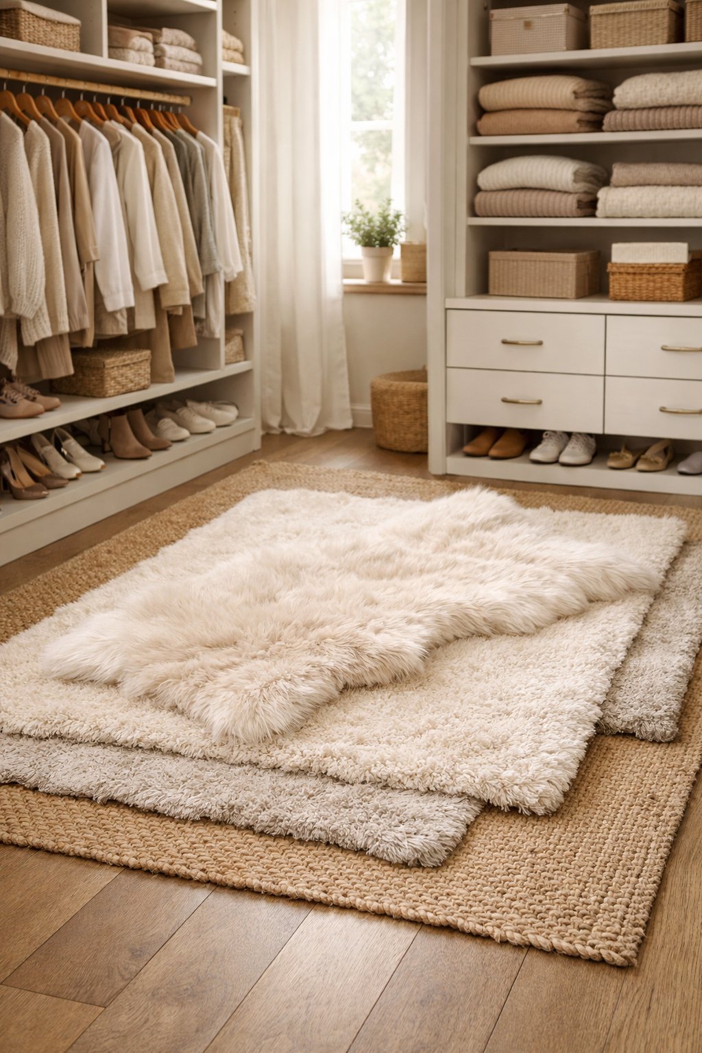 A walk-in closet with layered plush area rugs on the floor, neatly organized clothes, shelves, and soft natural light.